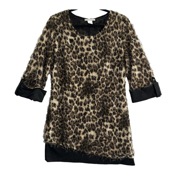 ALBERTO MAKALI Women Mini Dress Fuzzy Long Sleeve Animal Cowl Sz L Brown 46-27 - Picture 2 of 15